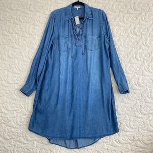 Maurices Denim Shirt Dress Blue Lyocell Blend Lace Up Neck Womens Size 0